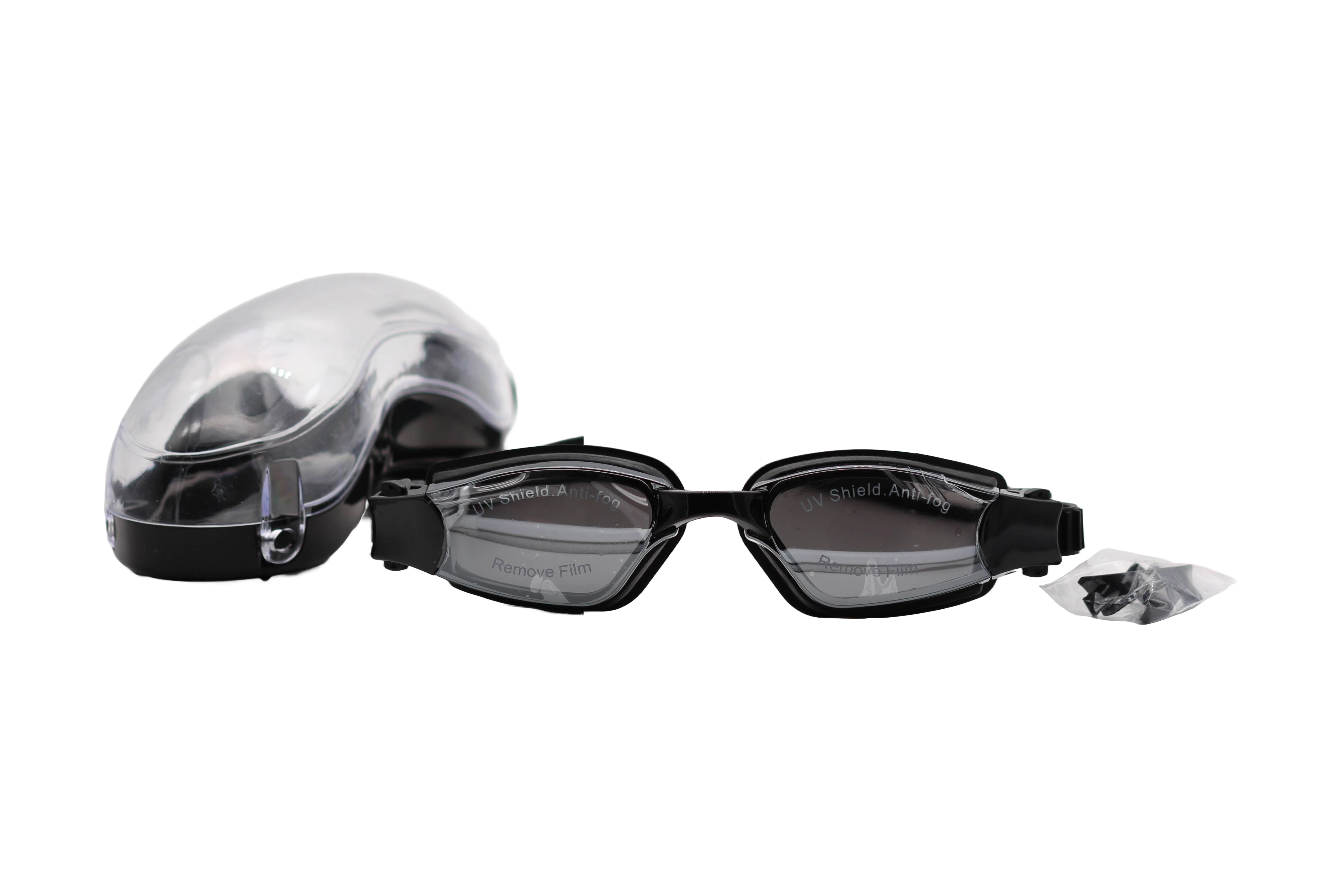 Swimming goggles with clear, anti-fog lenses, soft silicone seals around the eyes, and an adjustable strap for a secure fit. Designed to provide comfort and clear vision during swimming.
