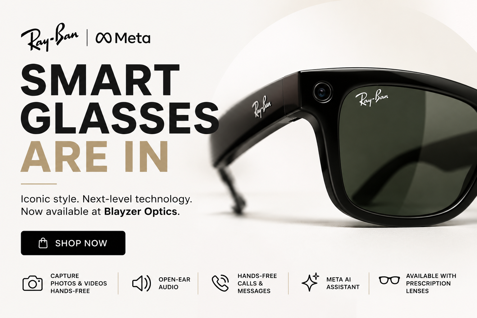 Ray-Ban smart glasses with Meta branding on a white background