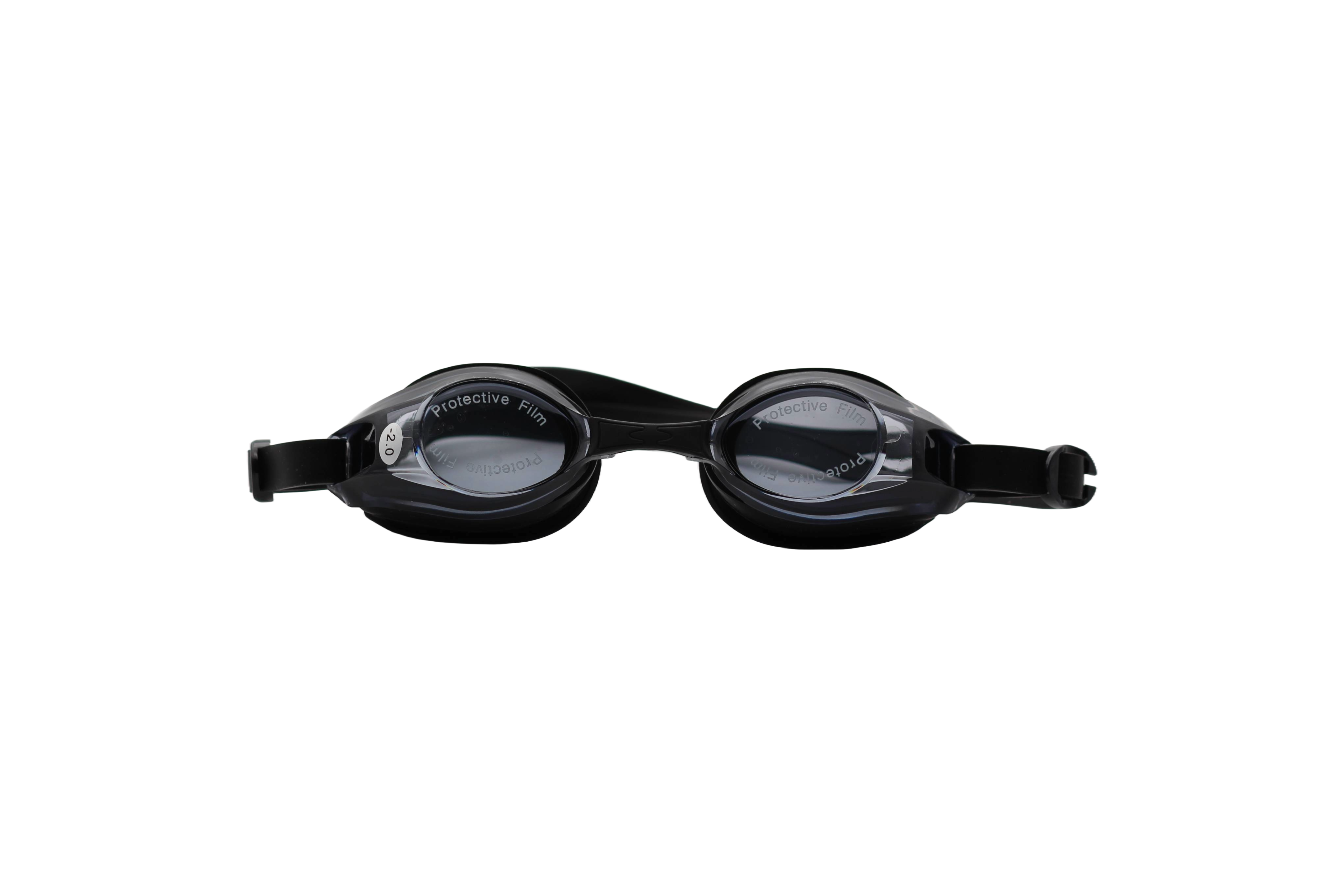 Prescription Swimming goggles with clear, anti-fog lenses, soft silicone seals around the eyes, and an adjustable strap for a secure fit. Designed to provide comfort and clear vision during swimming.