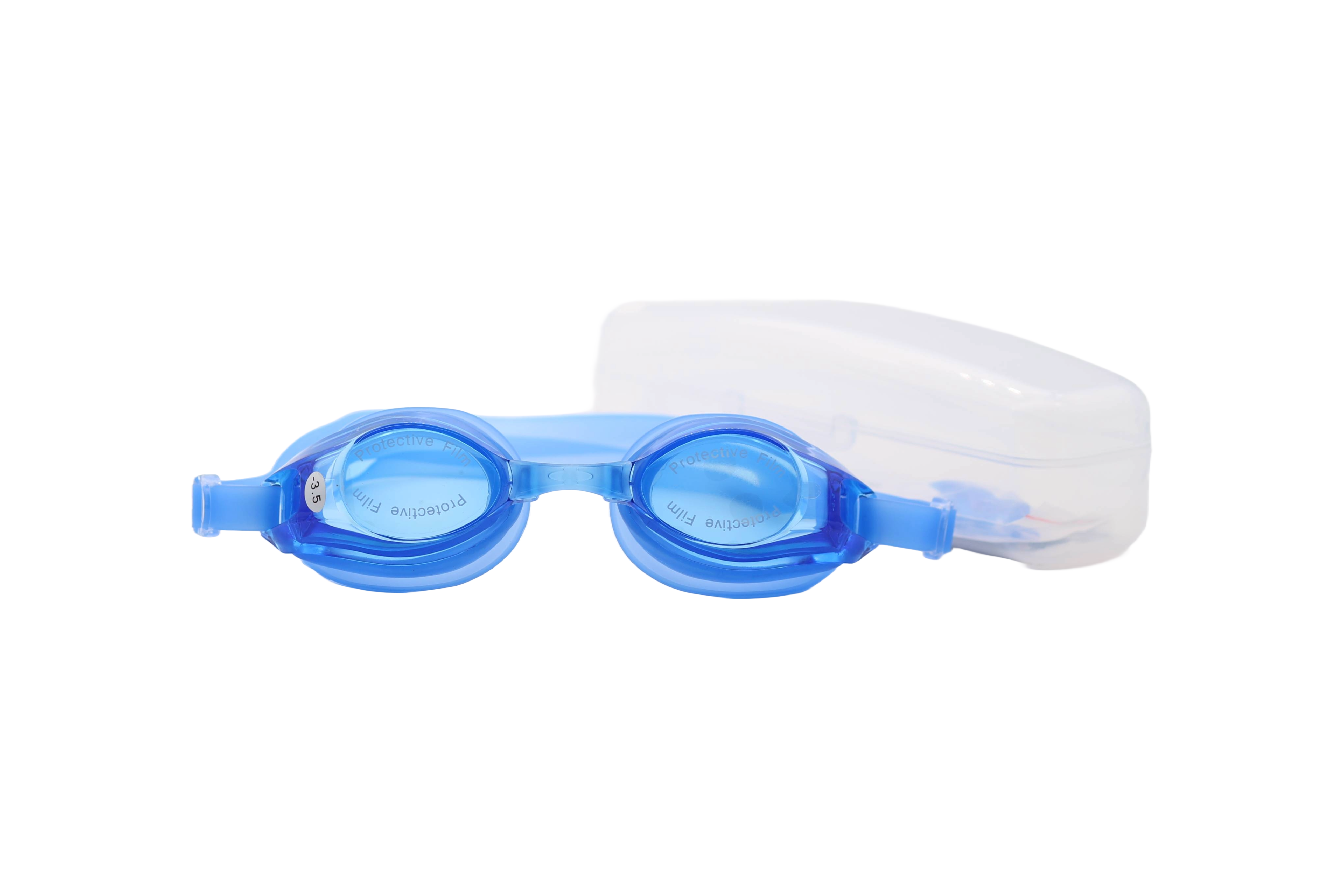
Prescription Swimming goggles with clear, anti-fog lenses, soft silicone seals around the eyes, and an adjustable strap for a secure fit. Designed to provide comfort and clear vision during swimming.